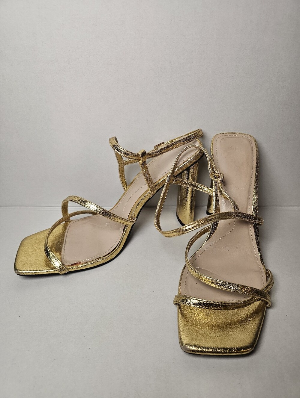 ZARA Gold Strappy Block Heel Sandals - Women Size 40 Prom Evening Dinner